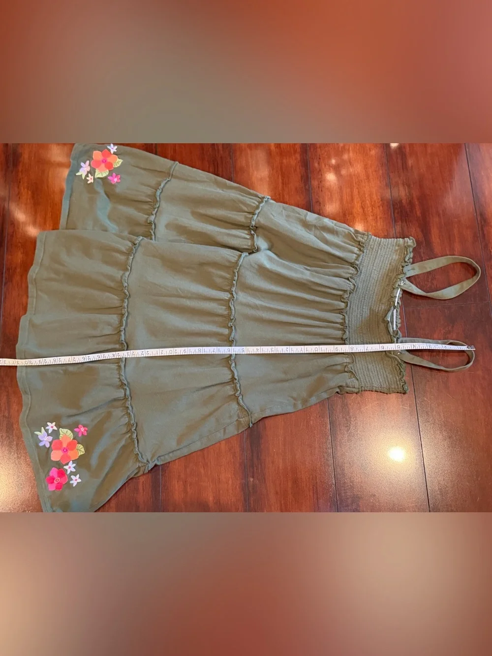 Gymboree Girls Olive Green Tiered Sundress with Floral Embroidery, SZ 12, EUC